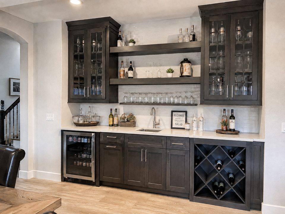 Home bar cabinets in a dark finish with glass uppers, a wine rack, and a beverage fridge