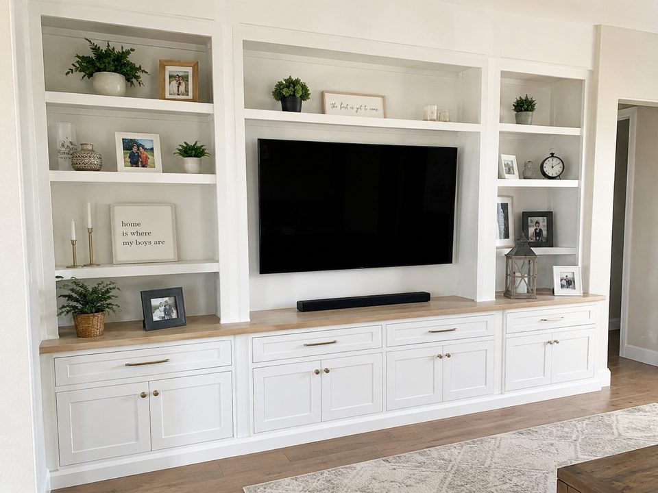 White built-in cabinets surrounding a wall-mounted television with open display shelving