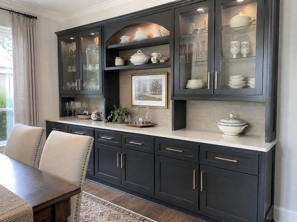 Dining room cabinetry in navy with glass-front upper cabinets and a serving counter