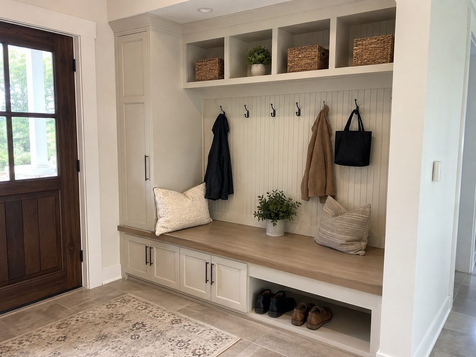 Entryway mudroom bench with cubbies, coat hooks, and shoe storage below
