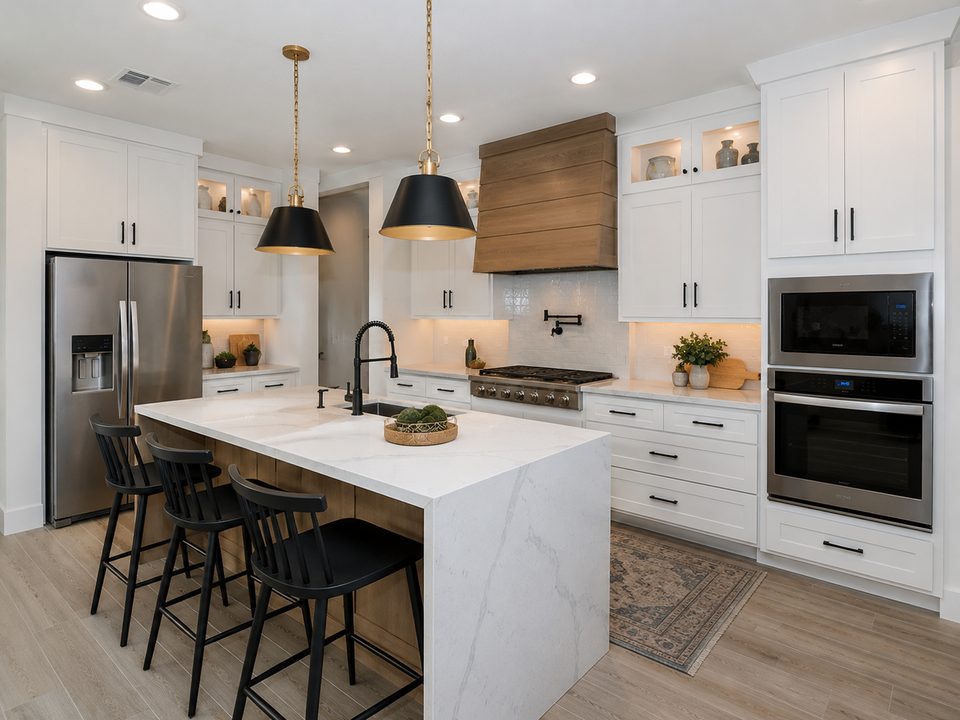 Custom kitchen cabinets with white shaker doors, a quartz waterfall island, and a wood range hood
