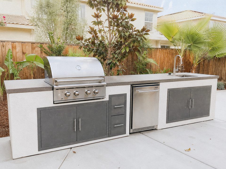 Outdoor kitchen cabinets with a built-in grill, stone counter, and weather-rated doors