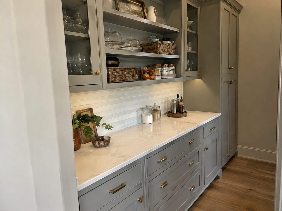 Floor-to-ceiling pantry and storage cabinets in a painted greige finish