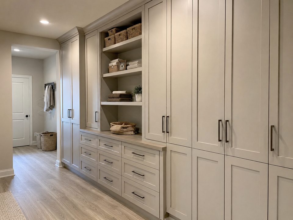 Hallway storage cabinets with full-height doors and a drawer bank