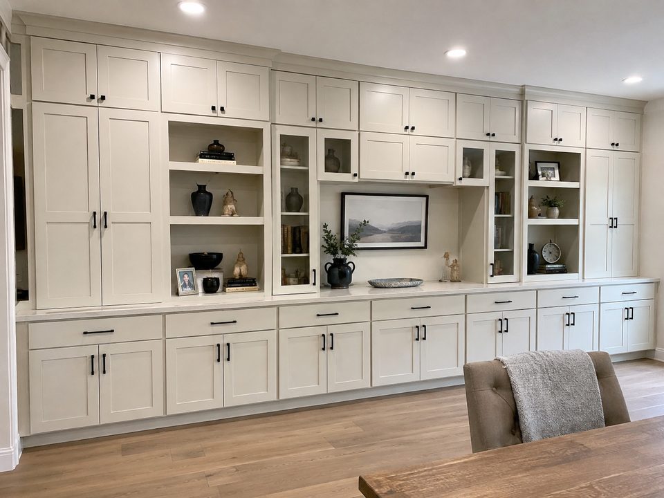 Wall-to-wall cabinetry combining closed base storage with open display shelving