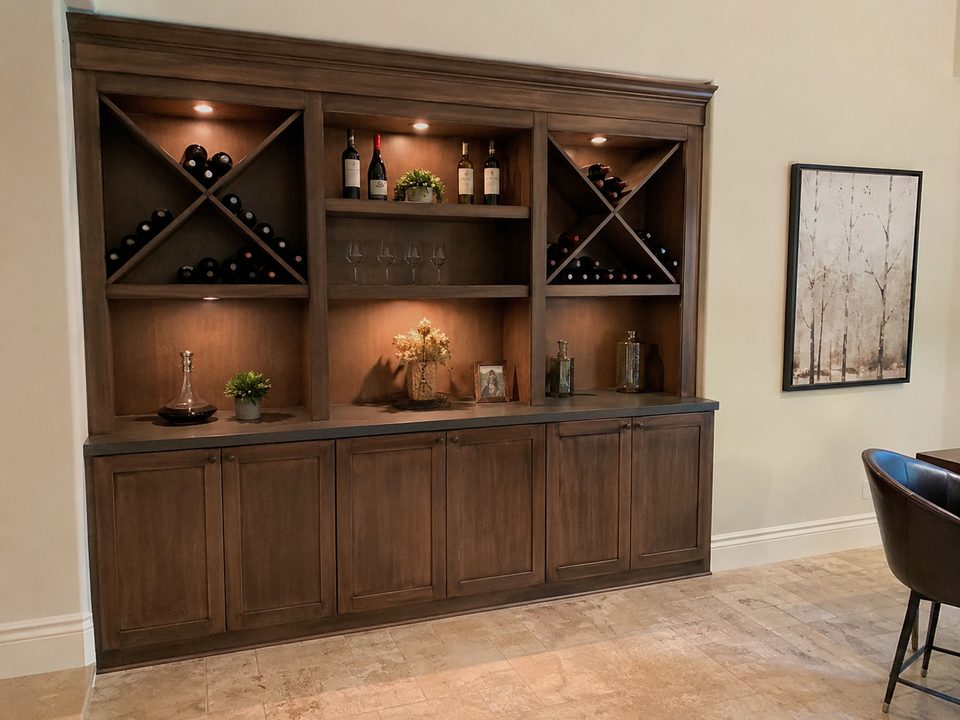 Wine storage cabinetry in walnut with lit display racks and closed base cabinets